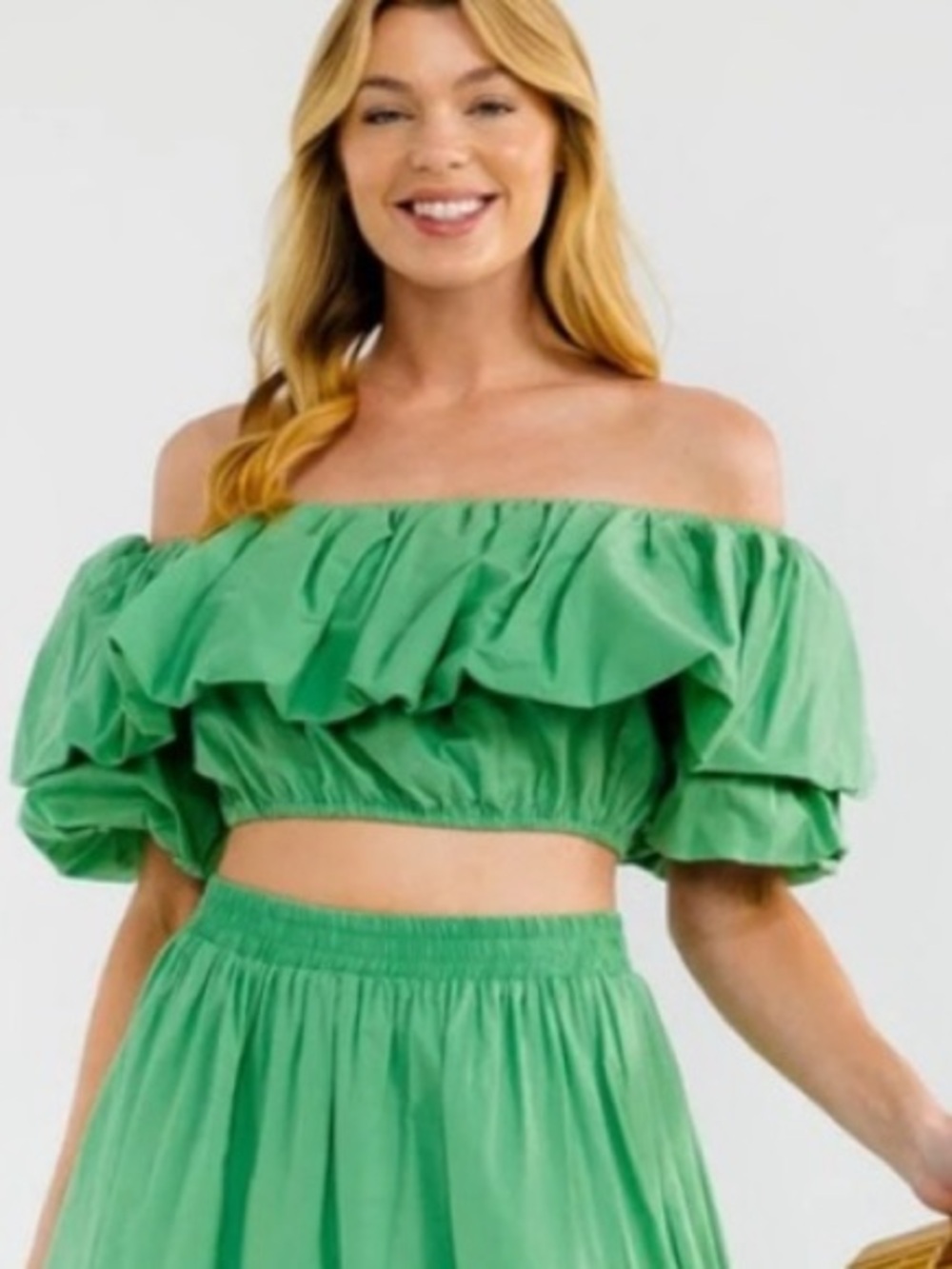 A264b Green Off-Shoulder Ruffle Crop Top - Women